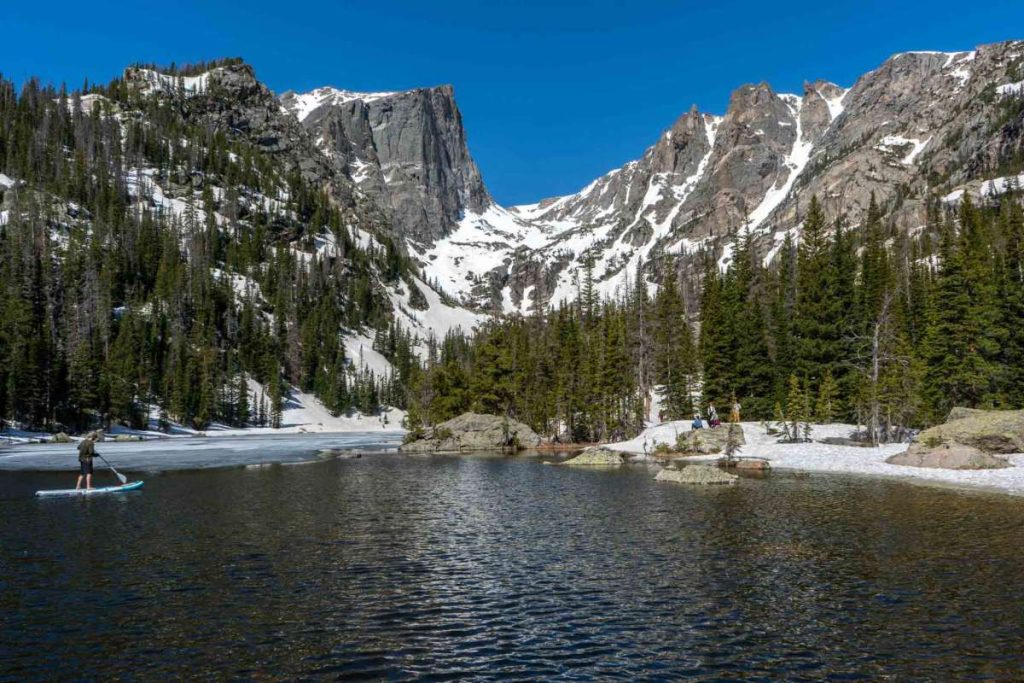 Paddling across a lake in Colorado