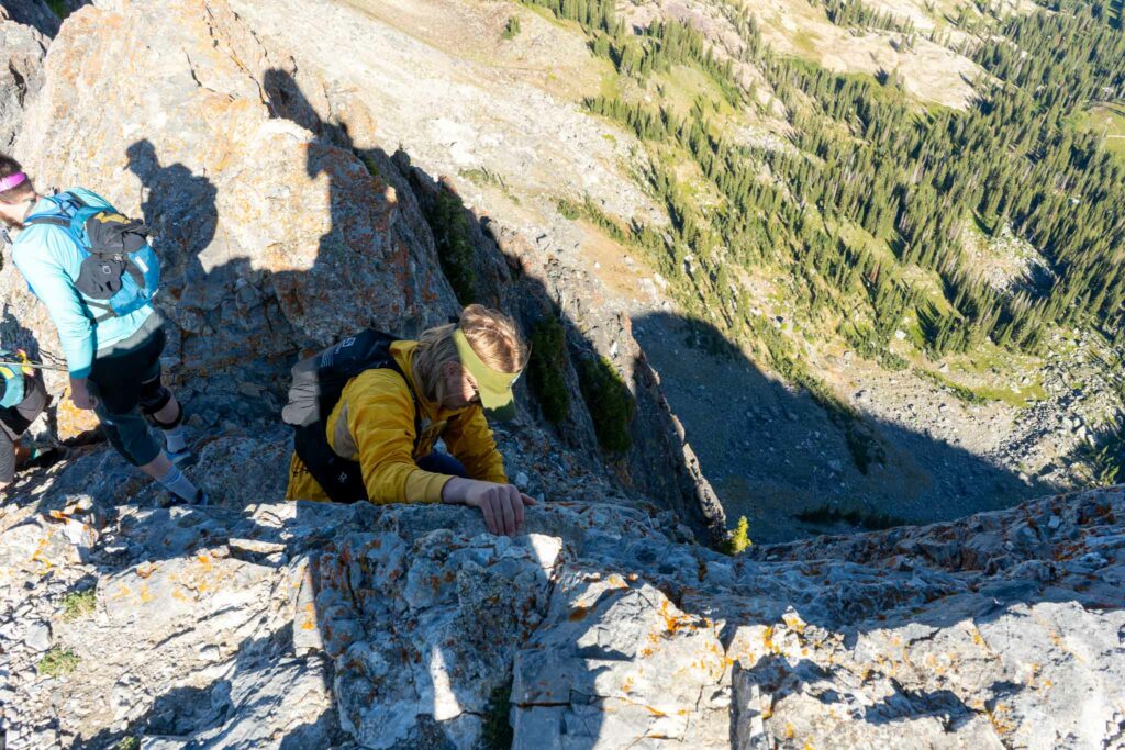 Downclimbing the traverse