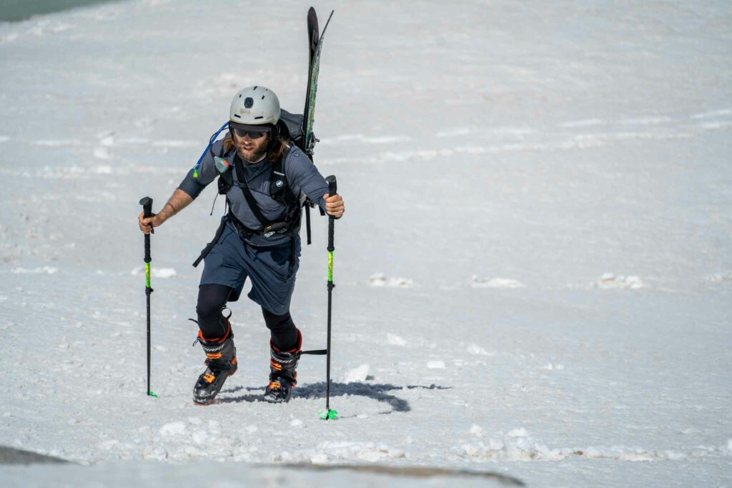 Skis strapped on one side of the bag