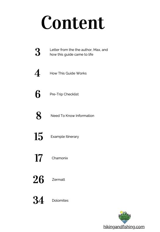 Vacation Guide Table Of Contents